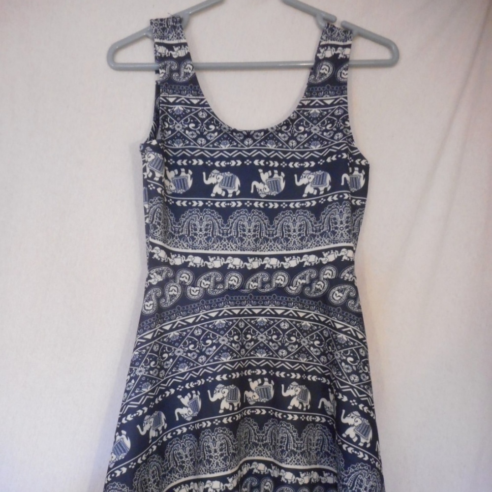Blue white Elephant Indian Print sleeveless dress